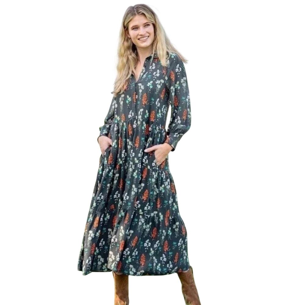 NATURAL LIFE Women’s Boho Long Sleeve Gray Floral Tiered Midi Dress